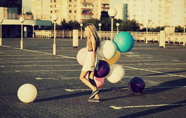 Picture summer, girl, balls, the city, Park, balloons, background, Wallpaper