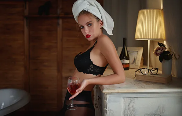 Chest, look, girl, pose, glass, towel, bra, glass