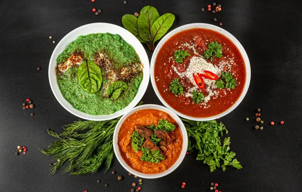 Greens, soup, meat, pepper, vegetables, dish, spices