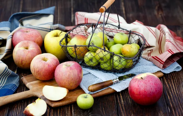 Picture table, apples, knife, Board, fruit, basket, swipe, Julia Khusainova