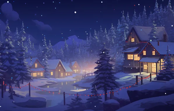Winter, snow, house, holiday, graphics, Christmas, hut, New year