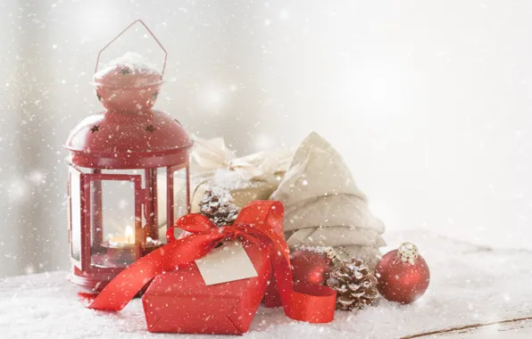 Picture winter, snow, red, background, gift, balls, new year, lights