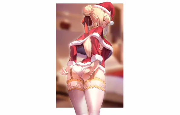 Picture girl, sexy, lingerie, ass, panties, thighhighs, green eyes, anime