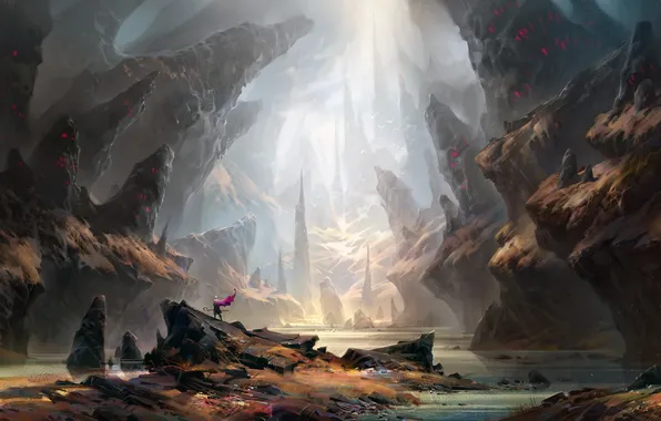 River, rocks, people, art, painted landscape