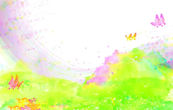 Picture field, butterfly, flowers, squirt, paint, baby Wallpaper