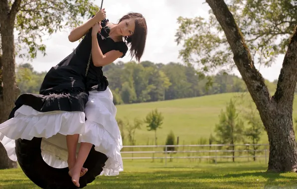 Look, girl, photo, swing, sadness, dress, rope, bus