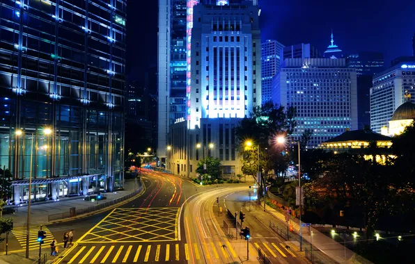 Road, night, lights, building, Hong Kong, Hong Kong