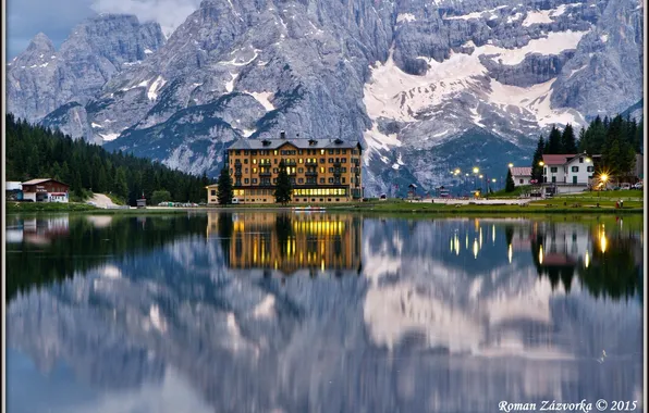 Picture mountains, lake, reflection, home, Italy, Cadore Lake Misurina