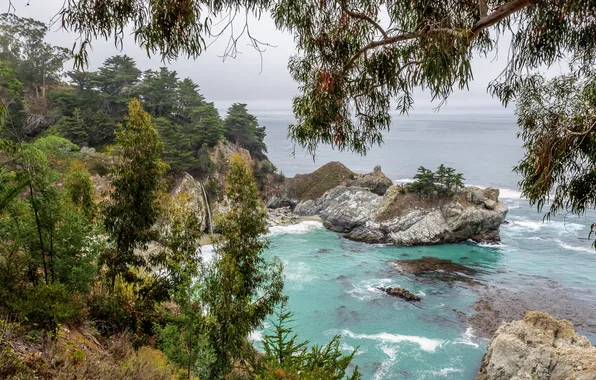 Picture sea, stones, rocks, coast, waterfall, CA, USA, cliffs