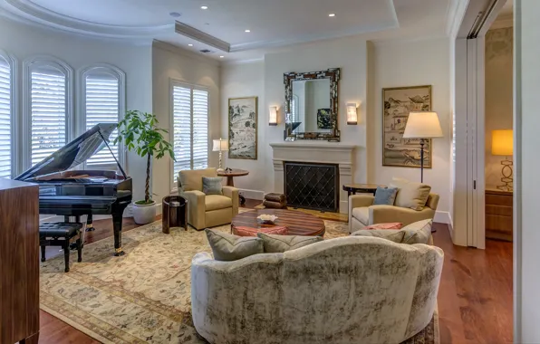 Picture interior, piano, fireplace, living room, Beverly Hills residence