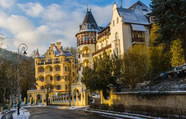 Road, the sky, the sun, clouds, snow, trees, street, home