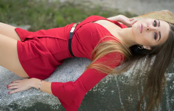 Picture look, girl, pose, stone, red dress, Martin Ecker