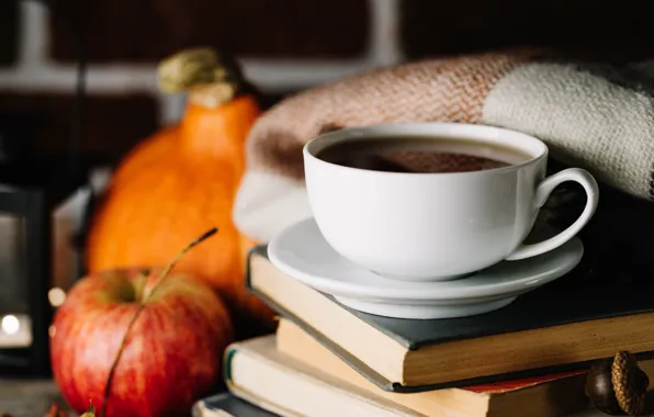 Tea, apples, book, drink