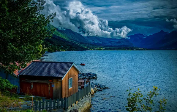 Clouds, mountains, lake, house, Norway
