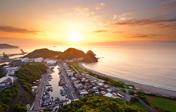 Home, The ocean, Beach, Road, Mountains, Grass, Trees, Boats