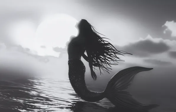 Picture Water, Girl, Mermaid, Jump, Hair, Tail, Digital art, Black and white