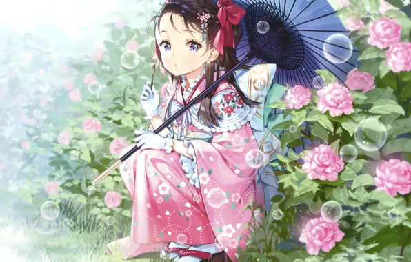 Flowers, bubbles, The bushes, Girl, Umbrella