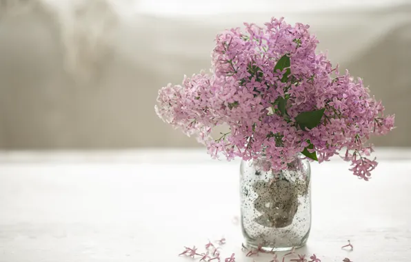 Wallpaper flowers, vase, table, Bank, bouquet, bokeh, lilac, light background
