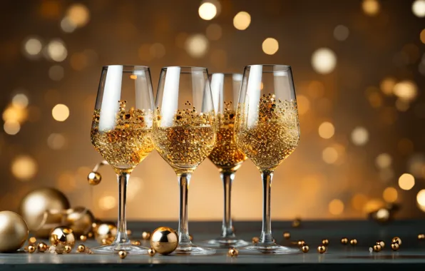 Decoration, gold, balls, New Year, glasses, golden, new year, champagne