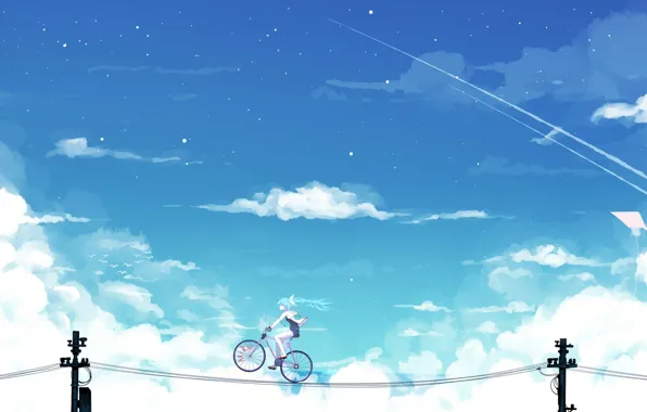 The sky, girl, clouds, bike, wire, anime, art, vocaloid