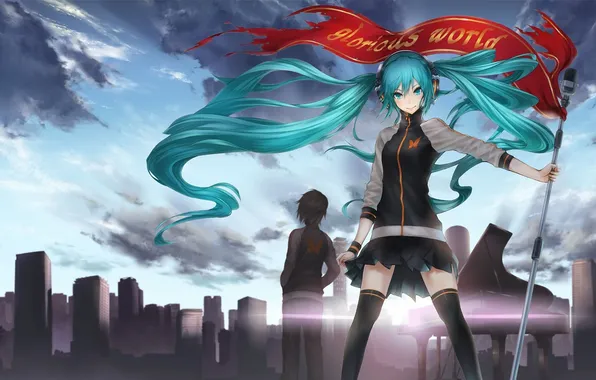 Girl, the city, flag, piano, art, guy, vocaloid, hatsune miku