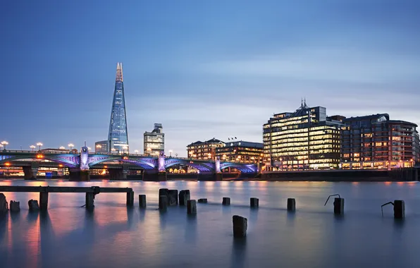 Bridge, city, the city, lights, river, England, London, the evening
