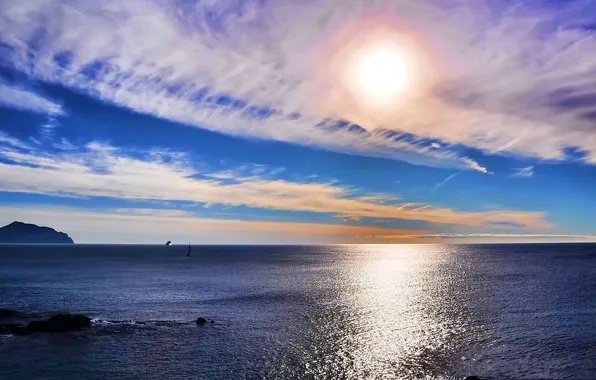 Sea, the sky, the sun, clouds, boat, ship, horizon