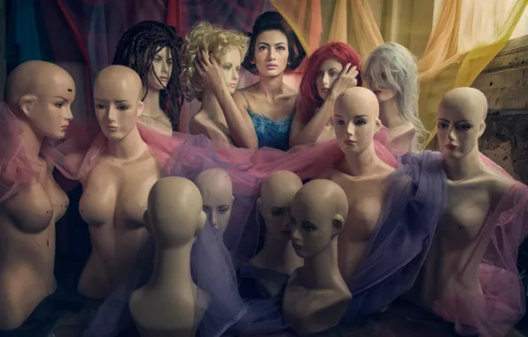Girl, mannequins, hairstyles