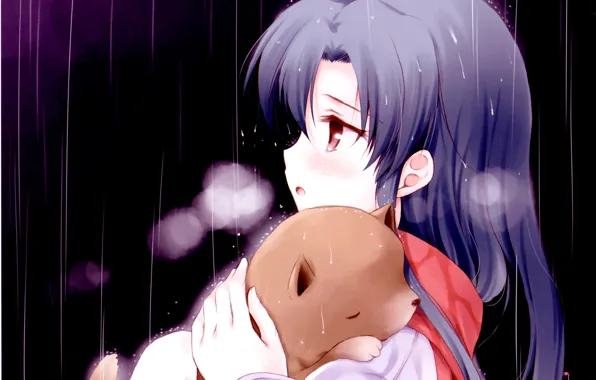 Drops, night, rain, scarf, puppy, art, Chihaya Kisaragi, Idol Master