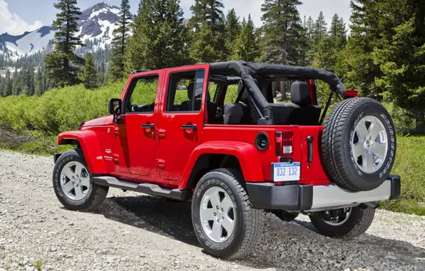 Picture trees, mountains, red, SUV, Jeep, rear view, Sahara, Wrangler