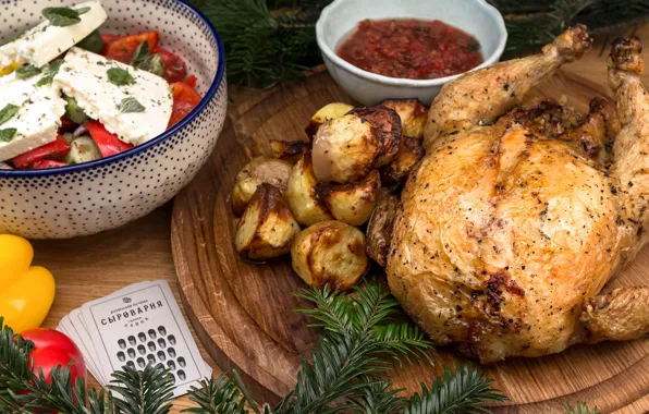 Holiday, spruce, chicken, meat, potatoes