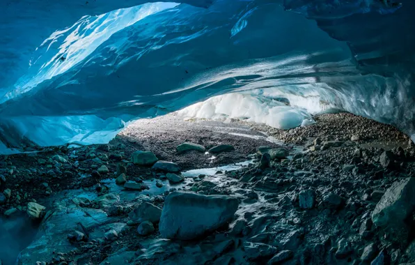 Winter, stones, ice, cave, the grotto, arch, blue tones, ice