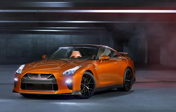 Car, Nissan, supercars, Nissan GT-R, vehicle, parking lot, orange cars