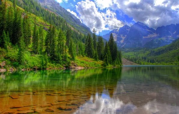 Clouds, trees, mountains, lake