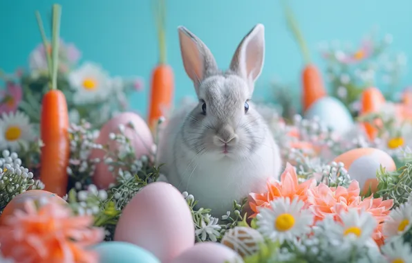 Flowers, grey, holiday, hare, chamomile, eggs, spring, rabbit