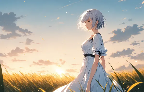 Field, girl, the sun, anime, girl, field, woman, anime
