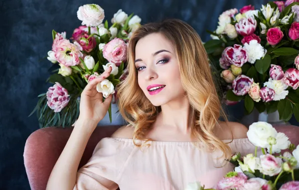 Flowers, pose, portrait, roses, makeup, dress, hairstyle, blonde