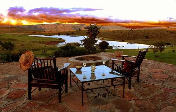 Picture nature, mood, wine, view, the evening, terrace, romantic sunset