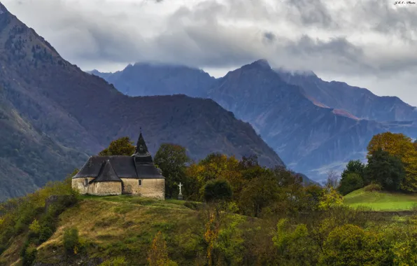 Autumn, forest, clouds, trees, mountains, fog, house, the slopes
