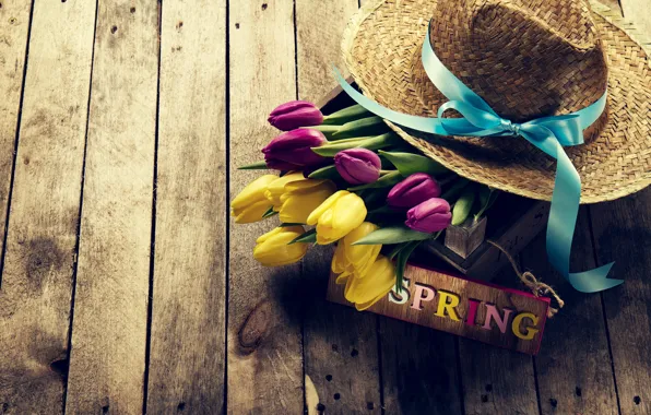 Flowers, spring, hat, yellow, colorful, tulips, yellow, wood