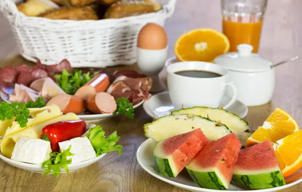 Coffee, orange, watermelon, cheese, pepper, fruit, pineapple, sausage