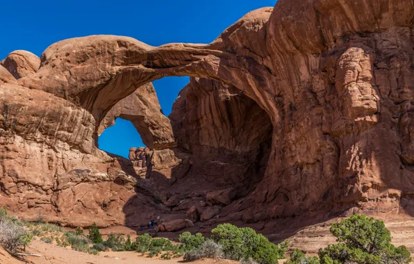 The sky, mountains, stones, people, rocks, arch, Utah, USA