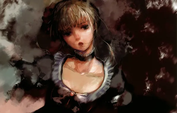 Neckline, witch, black dress, blurred background, bangs, Umineko no Naku Koro ni, Beatrice, When the …
