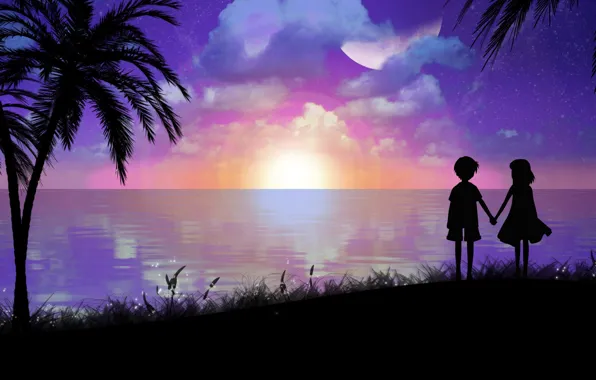 Picture sea, landscape, palm trees, shore, the evening, boy, art, girl