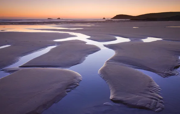 Sand, sea, sunset, shore, tide, puddles