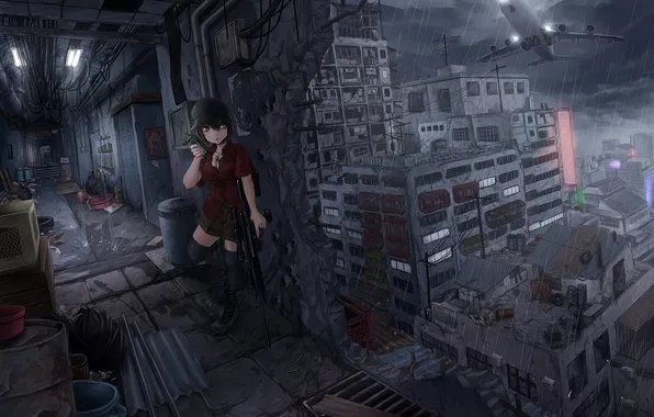 Picture girl, clouds, the plane, weapons, rain, the building, hole, cap