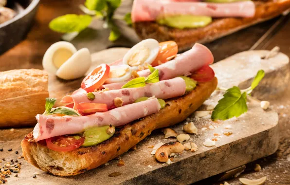 Picture eggs, nuts, tomatoes, sandwiches, ham