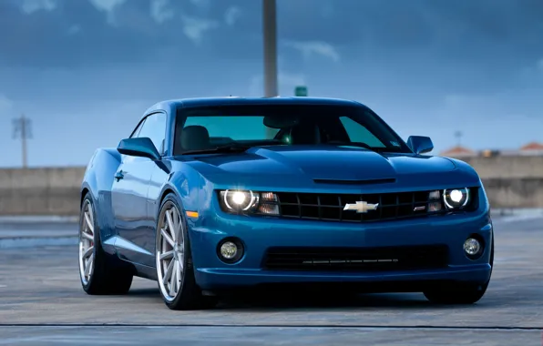 Picture blue, reflection, Chevrolet, chevrolet, blue, the front, headlights, camaro ss