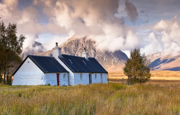 Field, clouds, trees, mountains, house, hut