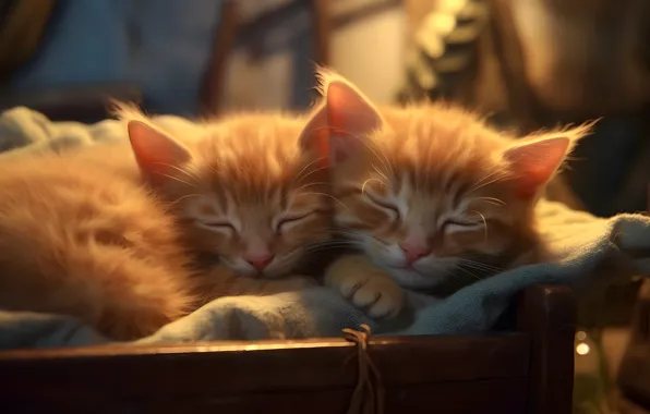 Light, cats, together, sleep, kittens, box, red, a couple